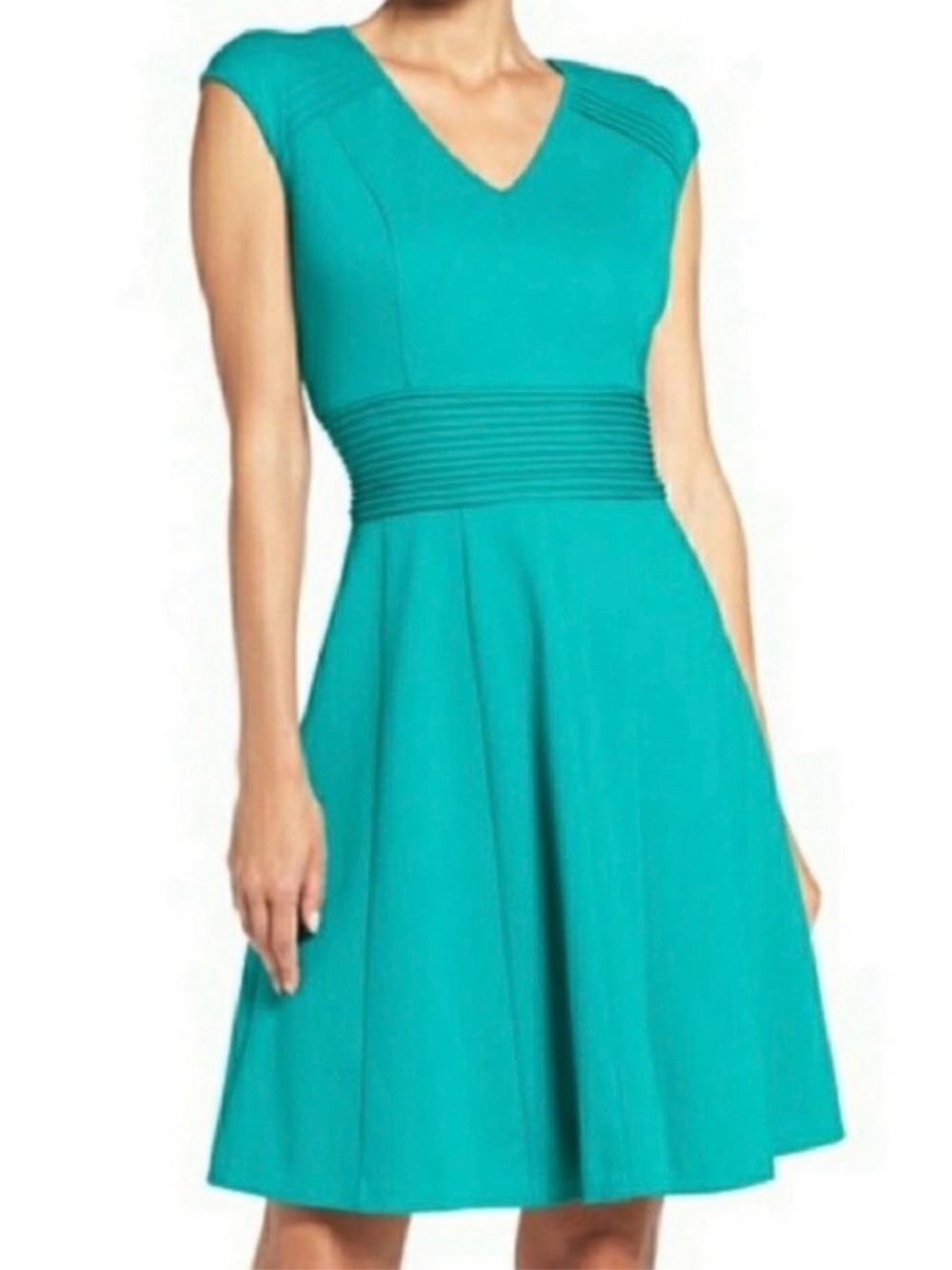 Eliza J Ponte Teal Fit and Flare V-Neck Pin-Tuck Midi Dress Office Cocktail